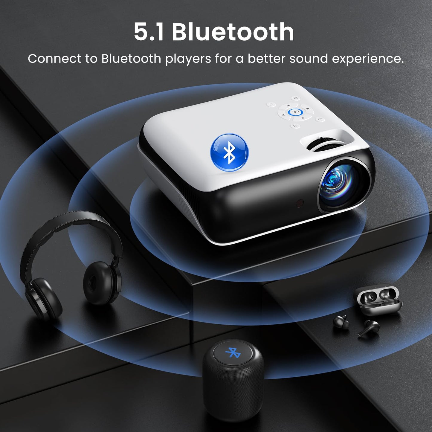 HAPPRUN Proyector, proyector Bluetooth Nativo 1080P, proyector de películas portátil para Exteriores de, Compatible con Smartphone, HDMI, USB, AV, Fire Stick, PS5
