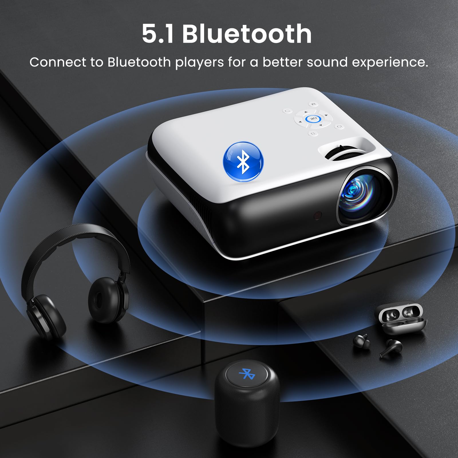 HAPPRUN Proyector, proyector Bluetooth Nativo 1080P, proyector de películas portátil para Exteriores de, Compatible con Smartphone, HDMI, USB, AV, Fire Stick, PS5