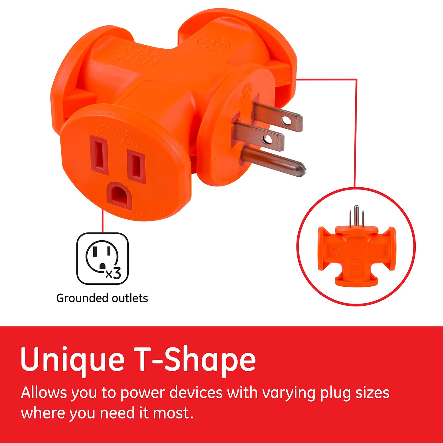 GE 50281 Adaptador para tomacorriente, 3 salidas, Espaciado, Anaranjado