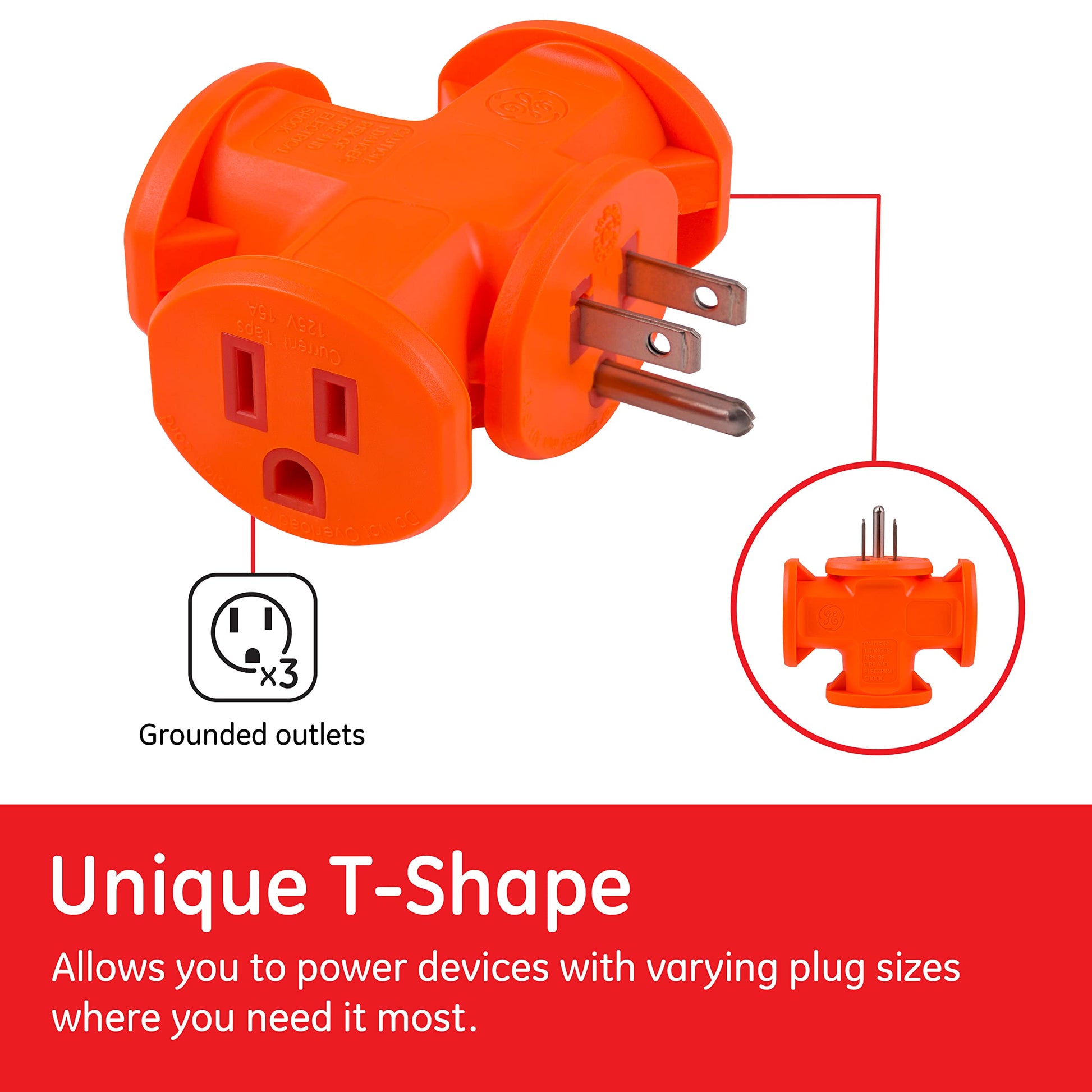 GE 50281 Adaptador para tomacorriente, 3 salidas, Espaciado, Anaranjado