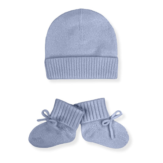 Jet&Bo BABY - Juego de gorro y botines 100% cachemir para bebé, color azul, tamaño 0-6 meses, suave, acogedor e hipoalergénico, caja de regalo y tarjeta incluida