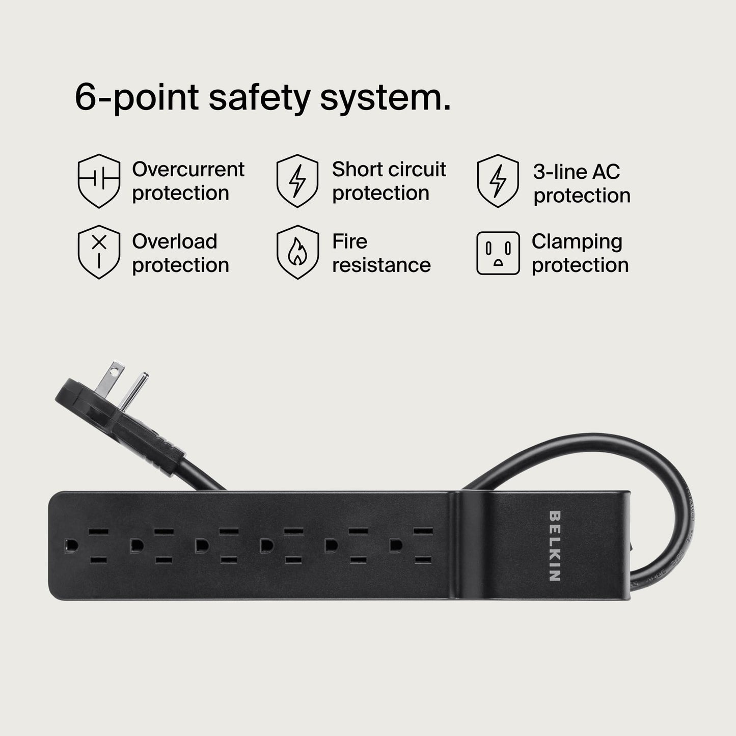 Belkin BSE600-06BLK-WM Supresor de Picos, 6 Salidas, Cable 1.82 metros, 600J, Negro