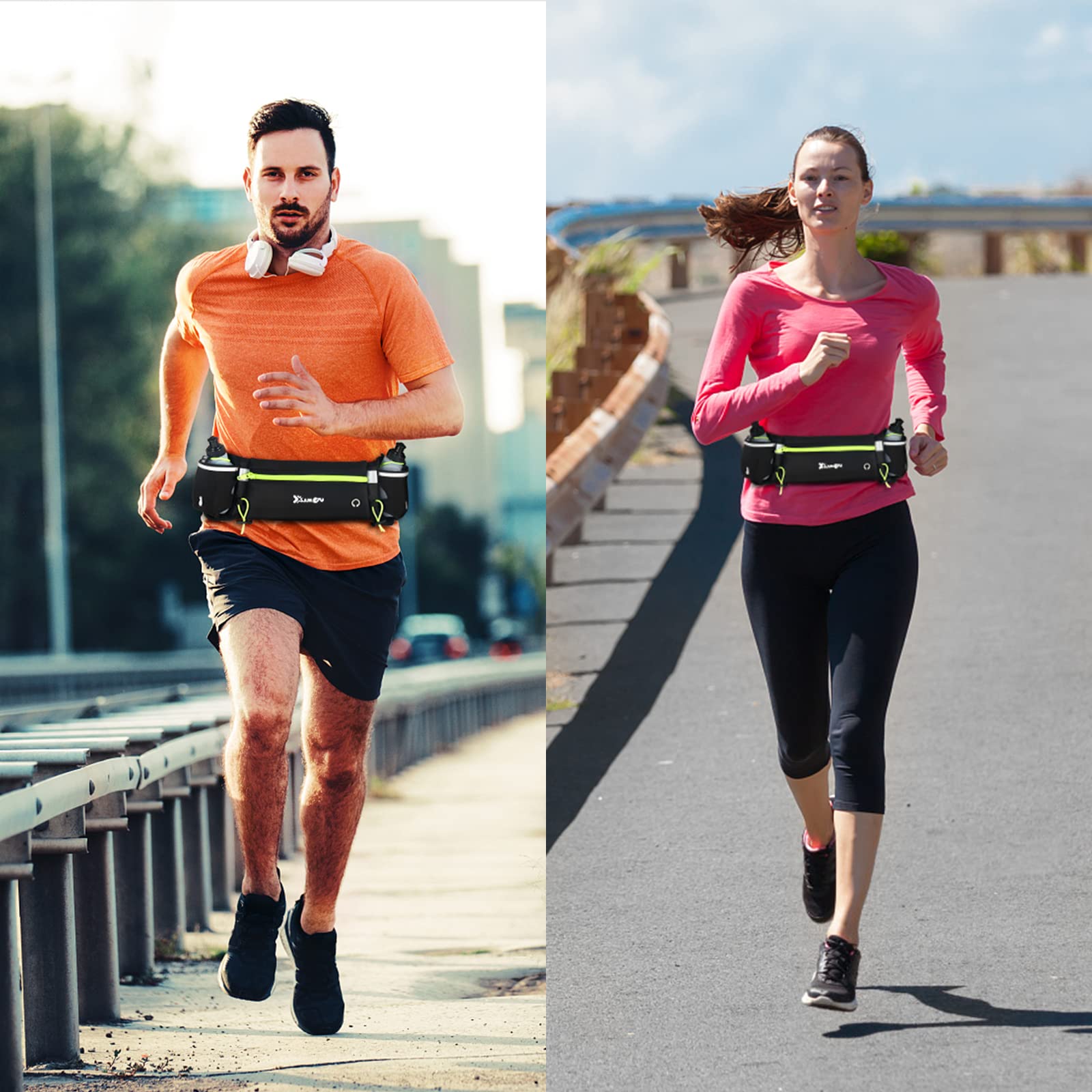 Cangurera Deportiva, LonEasy Cangureras para Correr con 2 Botellas de Agua, Riñonera impermeable reflectante con Cinturón Regulable, Ideal para Caminar, Ciclismo, Correr, Deportes al Aire Libre