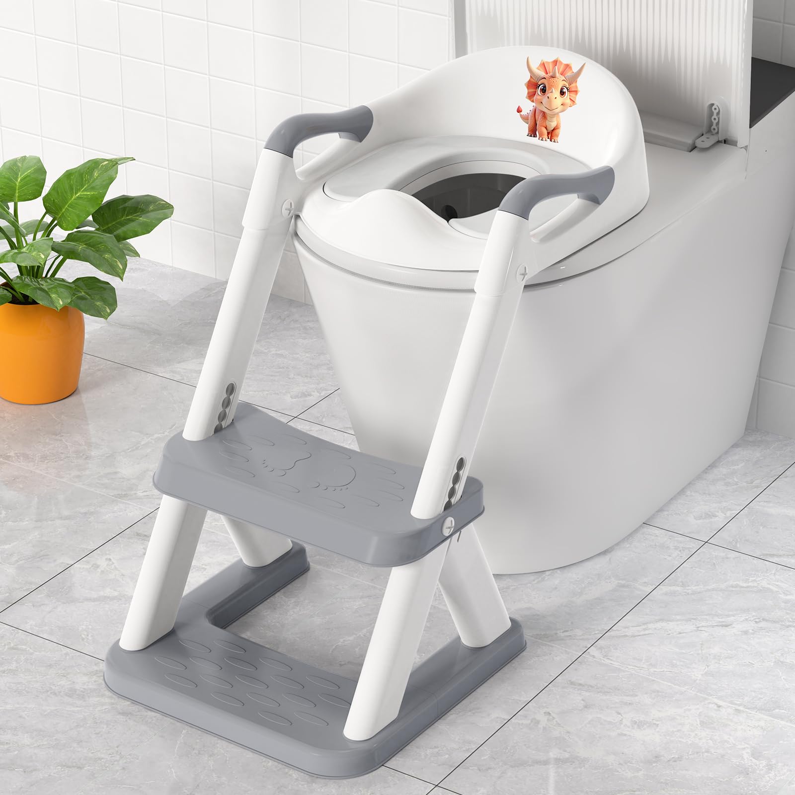 SKYROKU 8868 - Asiento de inodoro para niños pequeños y niñas, inodoro de entrenamiento 2 en 1, protector contra salpicaduras, taburete antideslizante, base estabilizada en forma de sector (gris)