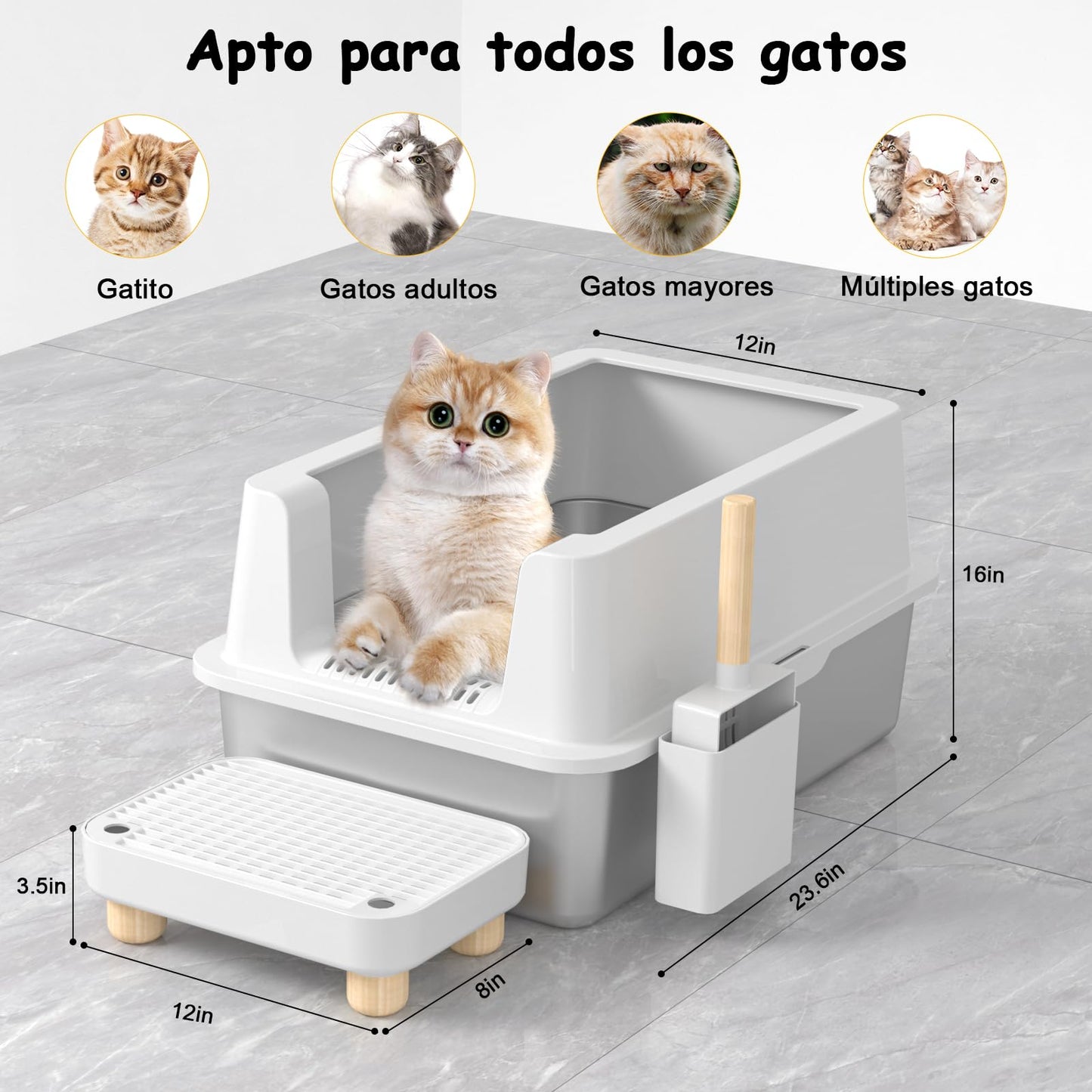 Arenero para Gato Acero Inoxidable, Caja de Arena con Tapa Arenero Grande para Gato Para gatos grandes, Caja de arena autolimpiable con pala y filtro antifugas, Prueba de olores y fácil de limpiar
