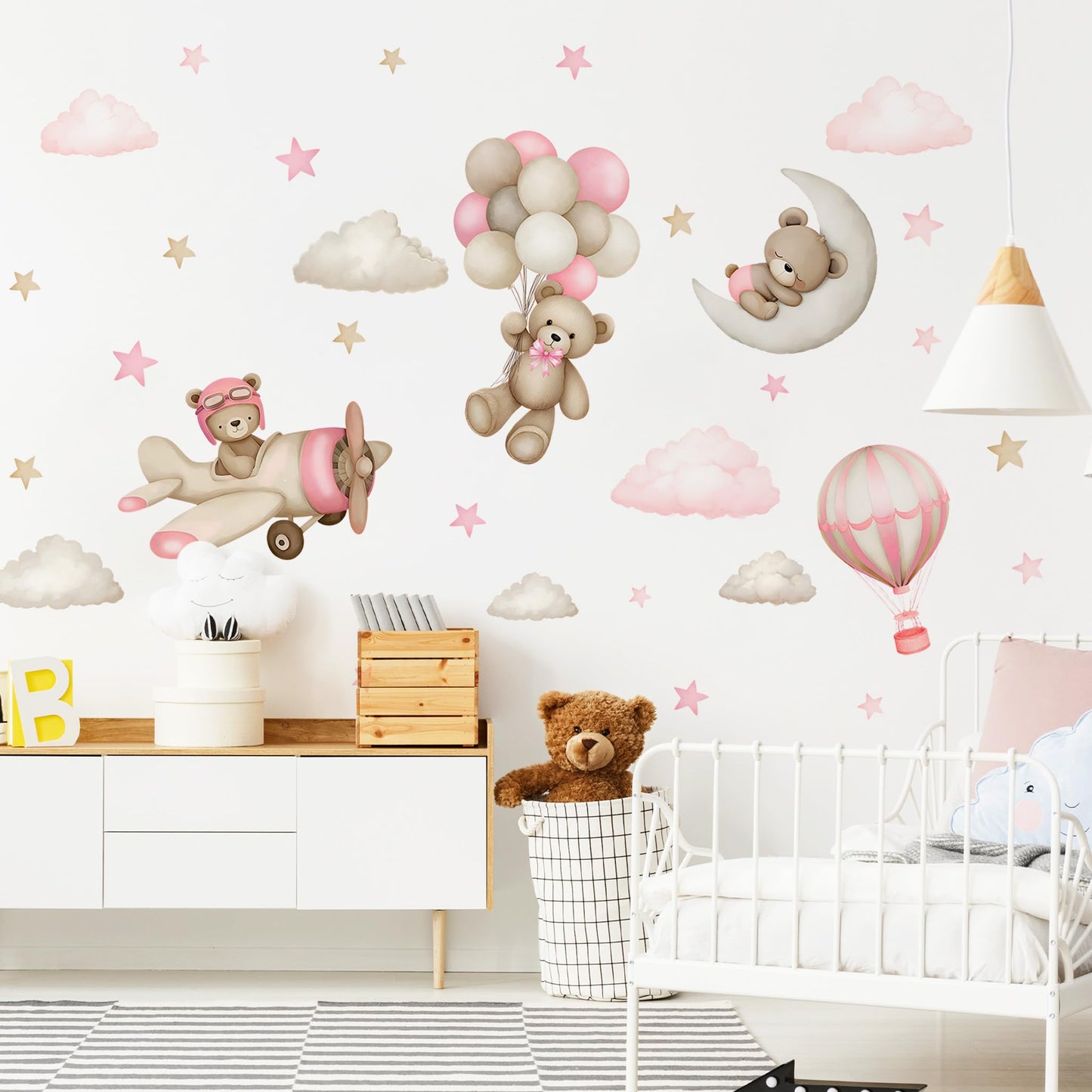Calcomanías de pared de oso de peluche, diseño de oso de dibujos animados, globos de aire, estrella, luna, decoración de pared para habitación de niños, niñas y niños, habitación de bebé, decoración