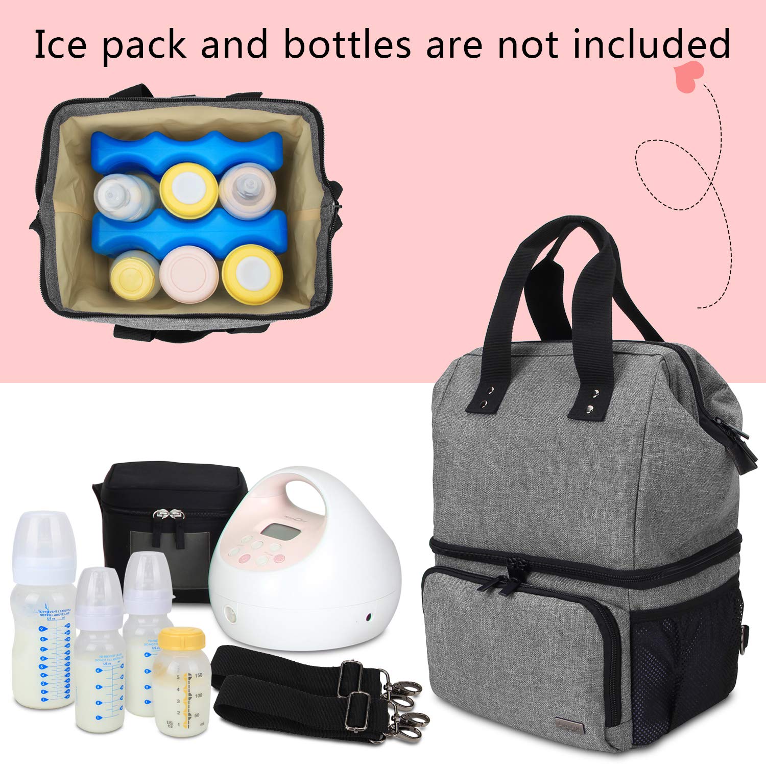 (Breast Pump Backpack, Gray) - Luxja Breast Pump Bag with 2 Compartments for Breast Pump and Cooler Bag, Breast Pumping Bag with 2 Options for Wearing (Fits Most Major Breast Pump), Grey