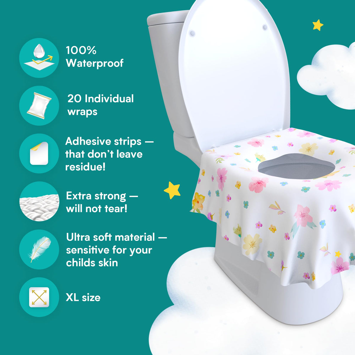 Eli with Love - Juego de 20 fundas desechables extragrandes para asiento de inodoro (floral) para niños pequeños para una cobertura completa en el inodoro o orinal - Fundas de asiento de inodoro de viaje ideales tanto para niños como para adultos