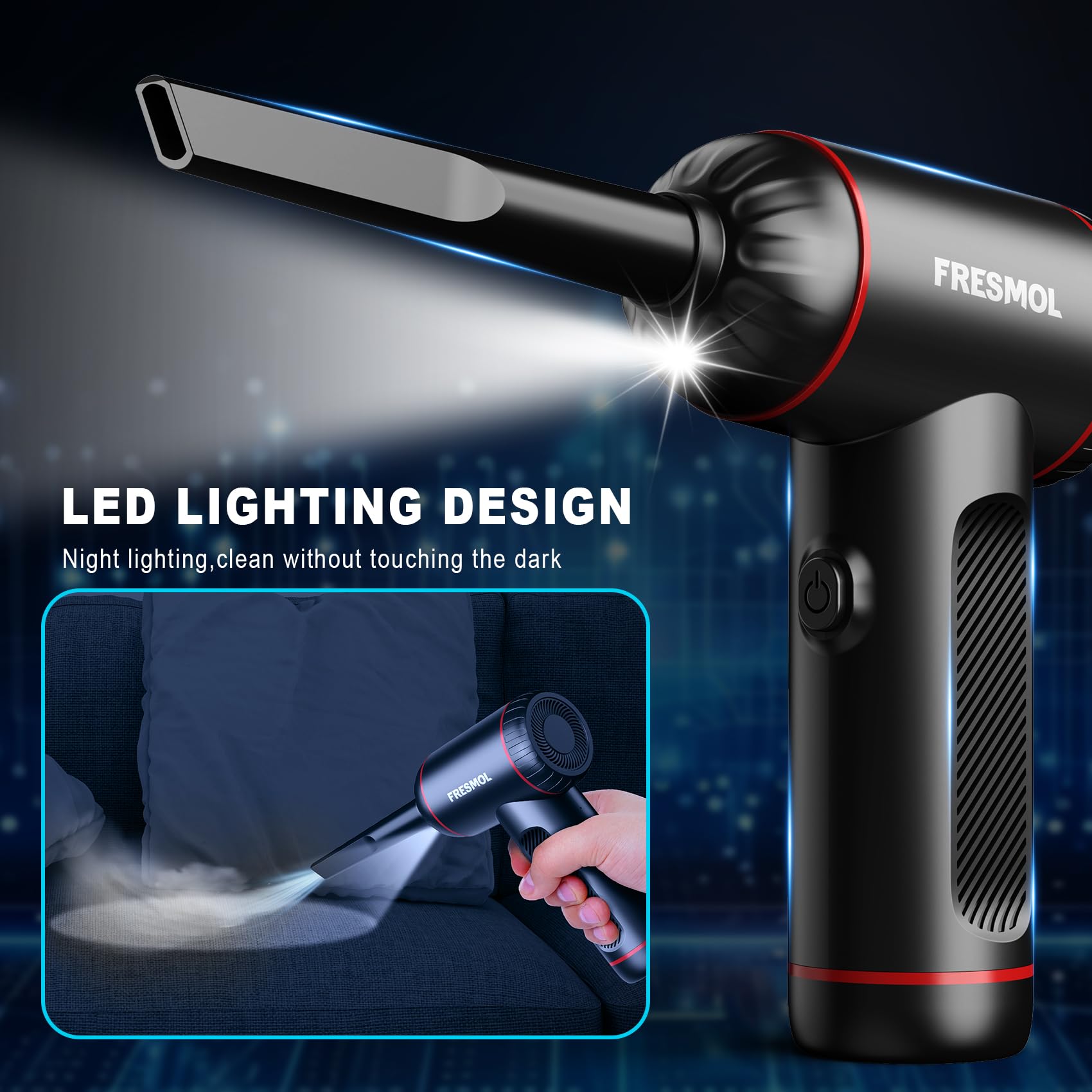 Plumero de aire comprimido, plumero de aire eléctrico ajustable de 3 engranajes de 100000 rpm, soplador de aire inalámbrico recargable con luz LED para teclado de computadora, limpieza de dispositivos