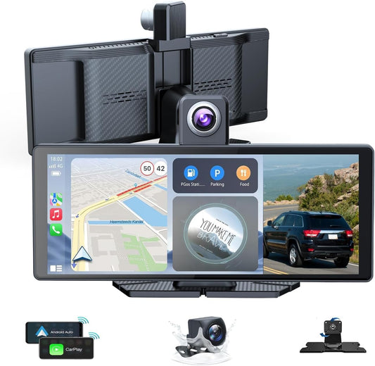 Pantalla Portátil Inalámbrica para Coche CarPlay Android Auto 10.3 Pulgadas 4K Dash Cam 1080p Cámara Trasera Navegación GPS Control de Voz Receptor Rotación 360 Grados