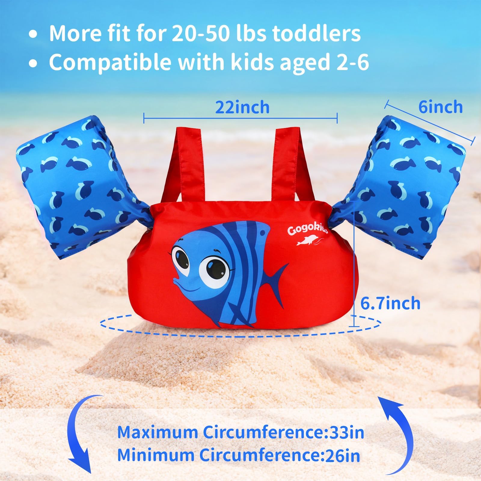 Gogokids Chaleco de natación para niños, flotadores para niñas y niños de 9-13-18-23 kg, flotadores de alberca con alas de Agua y Correa de Hombro para niños de 2-6 años
