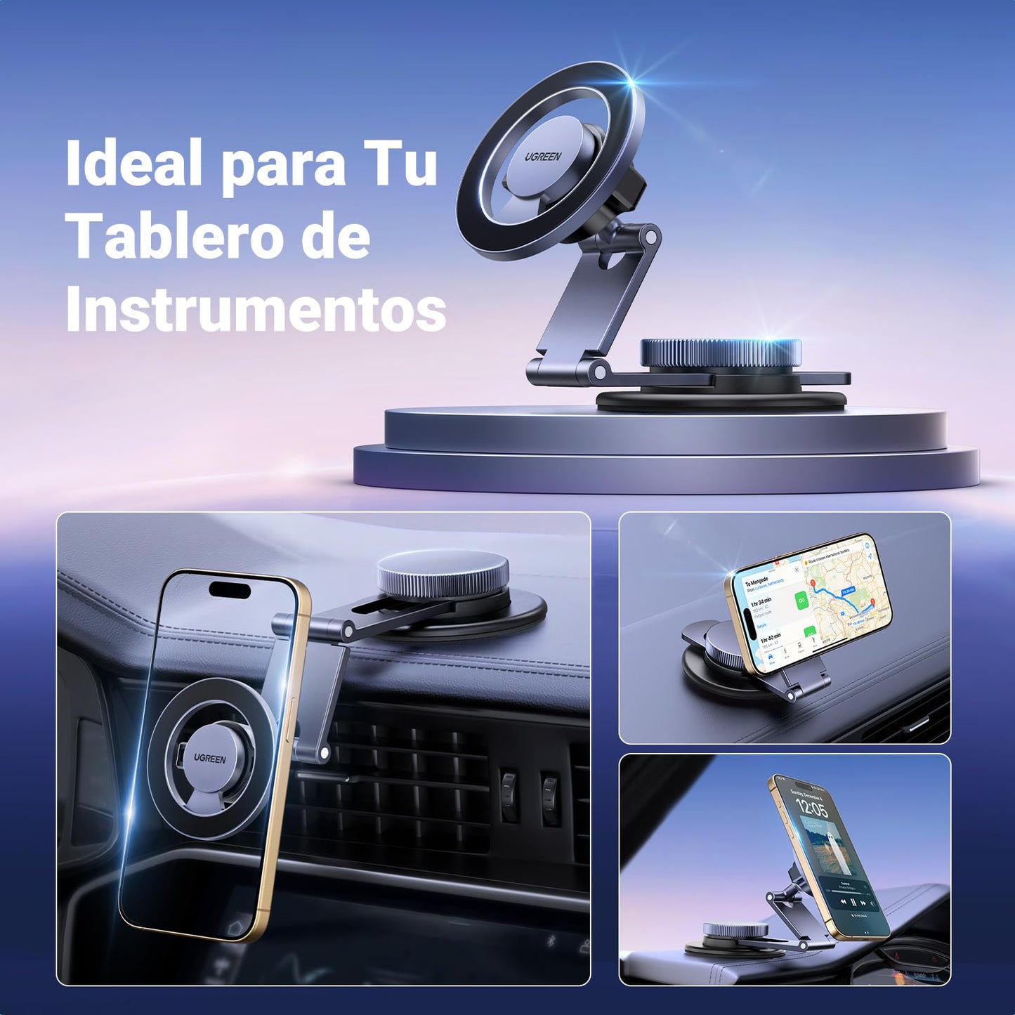 UGREEN Soporte Celular Magsafe de Auto Rotación de 360°, Base Porta automóvil magnético con Ventosa Compatible con iPhone 16 15 14 13 12 Series y Funda MagSafe