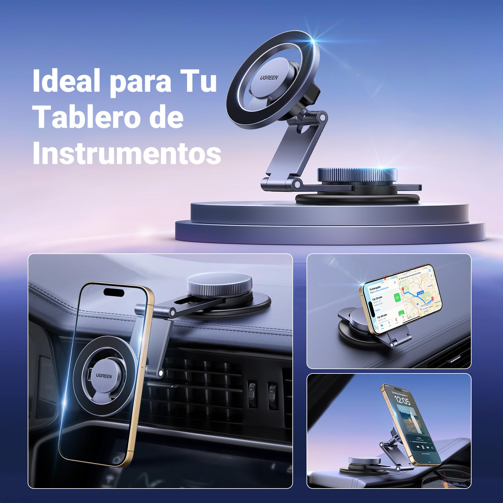 UGREEN Soporte Celular Magsafe de Auto Rotación de 360°, Base Porta automóvil magnético con Ventosa Compatible con iPhone 16 15 14 13 12 Series y Funda MagSafe
