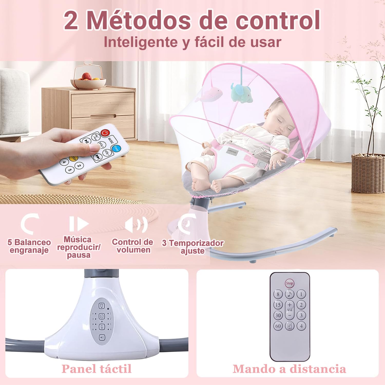Mecedora Eléctrica PERFECTOP Rosa con Mando a Distancia y Bluetooth para Bebé