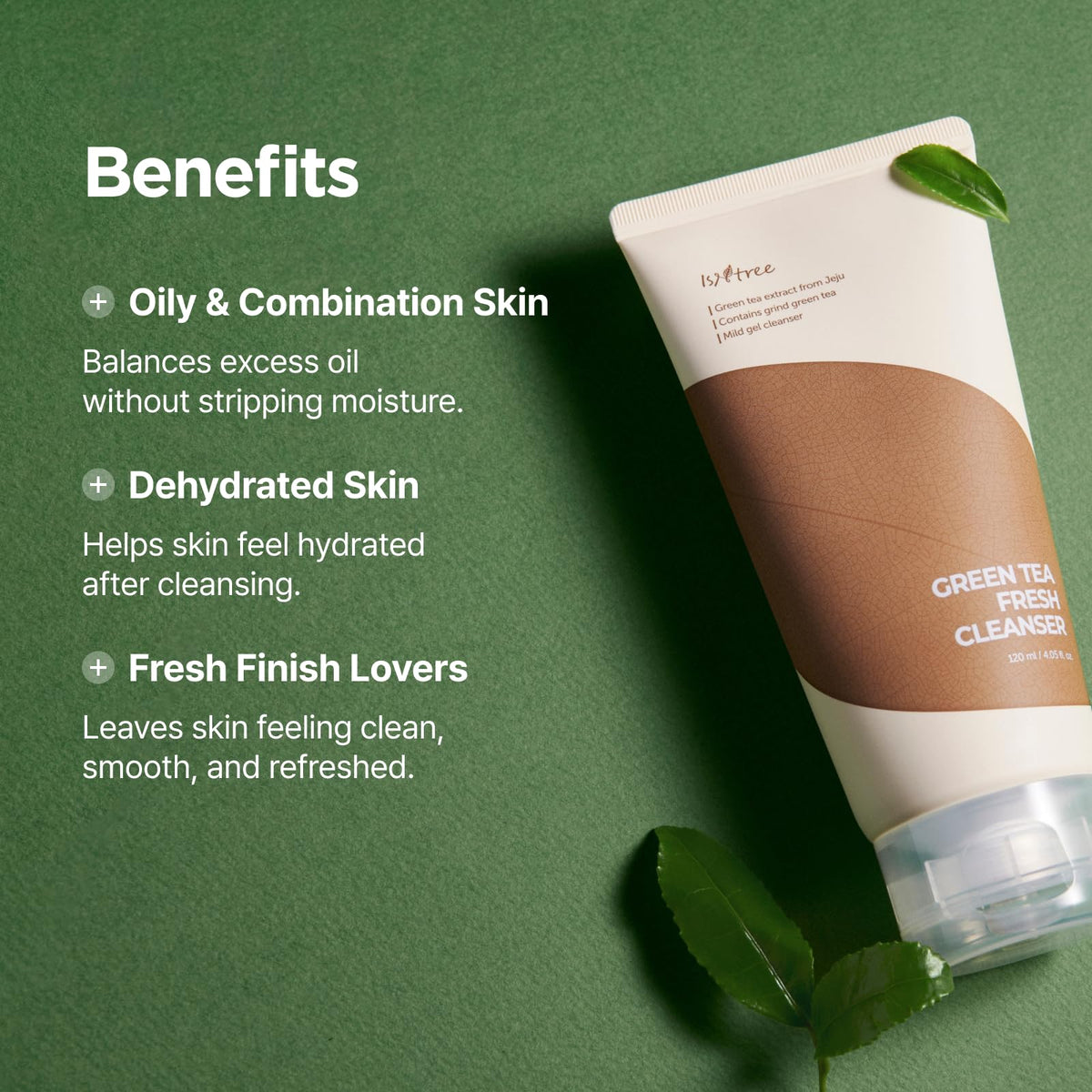 ISNTREE Gel Limpiador Facial Green Tea Fresh Cleanser - Coreano con Té Verde de Jeju y Ácido Hialurónico, Control de Grasa, Piel Grasa, 120 ml