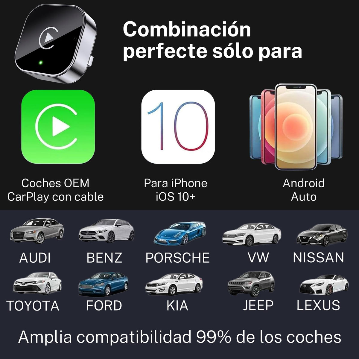 Adaptador Inalámbrico GOMITA Gris 2 en 1 para CarPlay y Android Auto