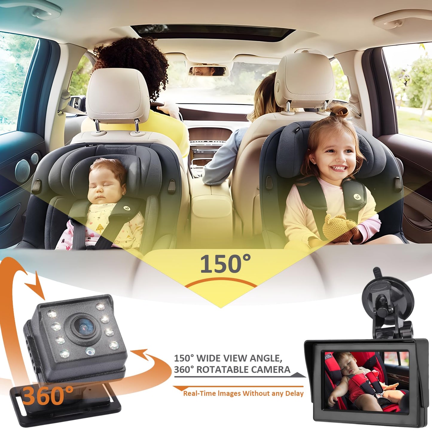 KASIKAI Cámara para Bebé Asiento Trasero HD 1080P, Pantalla 4.3'' Espejo Retrovisor con 8 Leds Visión Nocturna, 150° Ángulo Amplio y 360° Giratorio, Monitor para Carro Bebé, Cámara Coche Infantil