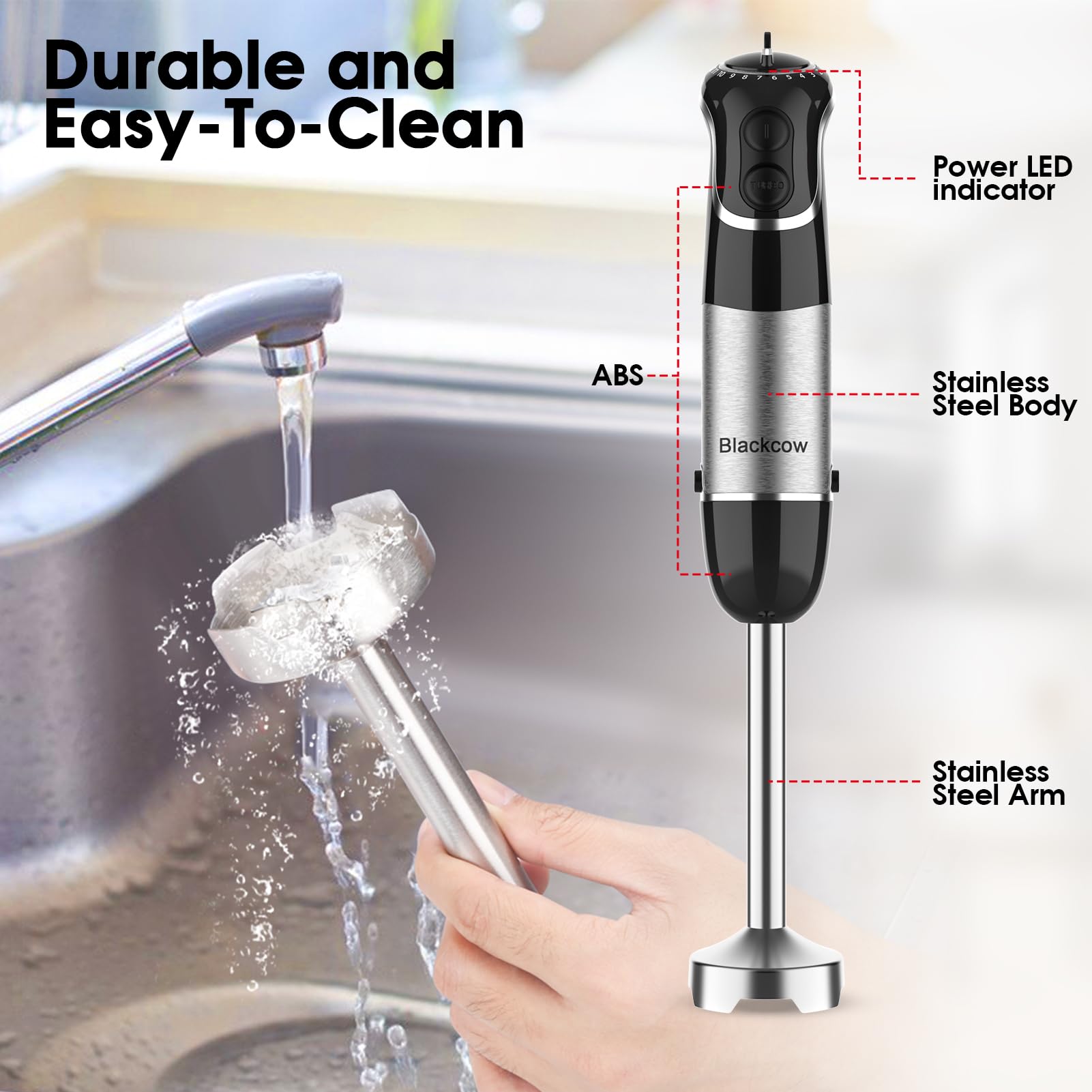 Blackcow - Licuadora de inmersión con cable de mano para cocina, licuadora de emulsión de acero inoxidable con gancho, mezclador de mano eléctrico con 12 velocidades y turbo, para batidos, sopa,