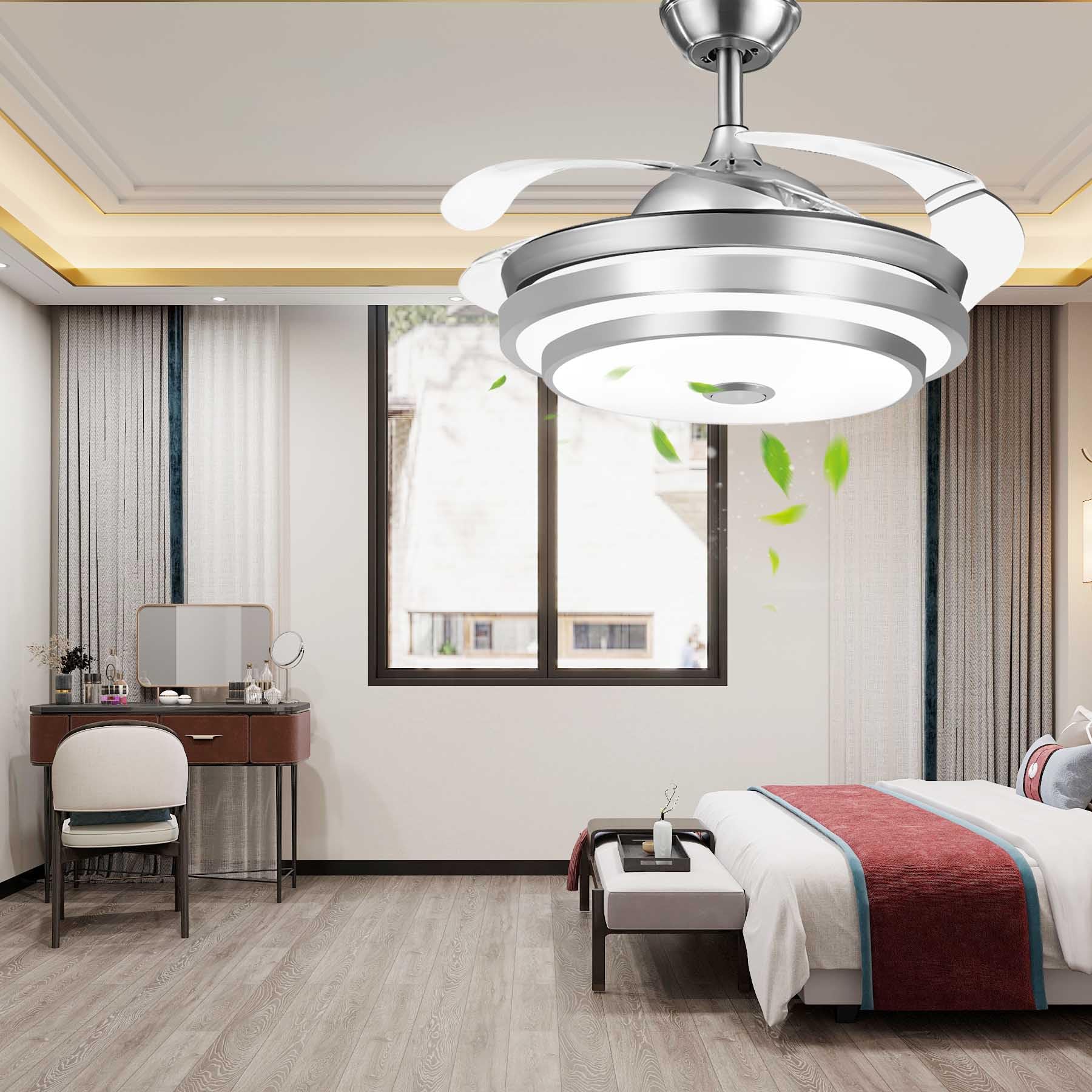 Ventilador de Techo con Luz LED y Control Remoto de 42 Pulgadas con Hoja Invisible Luz Fría Cálida y Neutral Silencioso 3 Velocidades