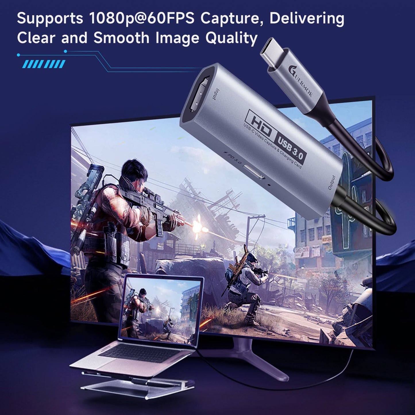 Guermok Tarjeta de Captura de Video USB 3.0 con Carga rápida PD 100W, 1080P@60FPS HDMI a USB-A/C, con Adaptador Tipo C, para Streaming en Oculus/Quest 3 / iPad/MacOS/Switch / PS4 y PS5, Plateado