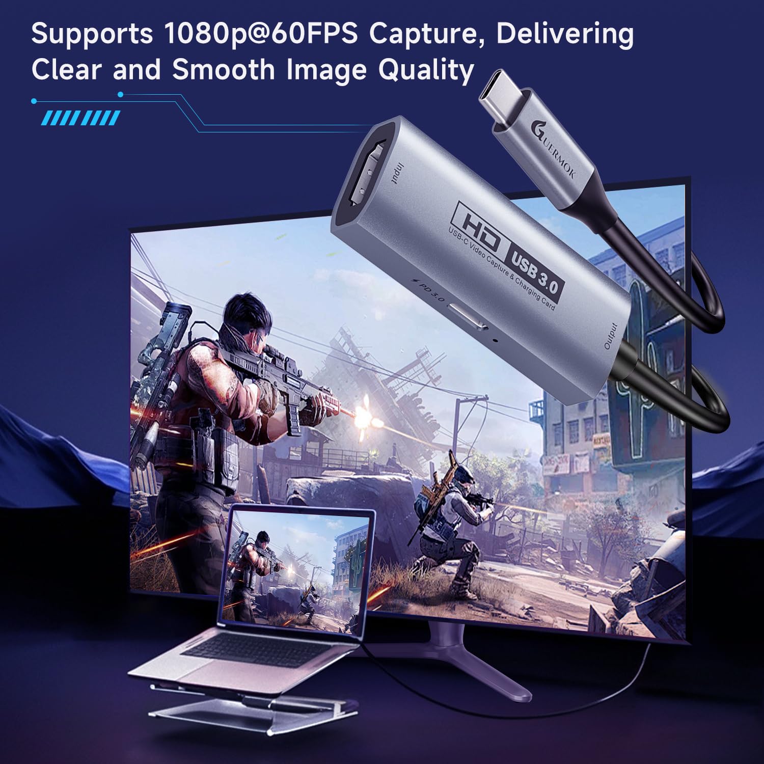 Guermok Tarjeta de Captura de Video USB 3.0 con Carga rápida PD 100W, 1080P@60FPS HDMI a USB-A/C, con Adaptador Tipo C, para Streaming en Oculus/Quest 3 / iPad/MacOS/Switch / PS4 y PS5, Plateado
