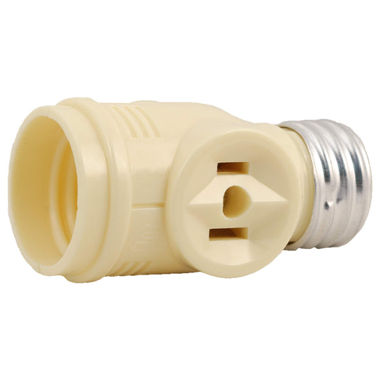 Power Gear Adaptador de enchufe de 2 tomas, añade 2 tomas a un enchufe de foco, 2 puntas, salidas polarizadas, enchufe de base media, uso en taller, cochera o lavadero, listado UL, almendra clara, 54178