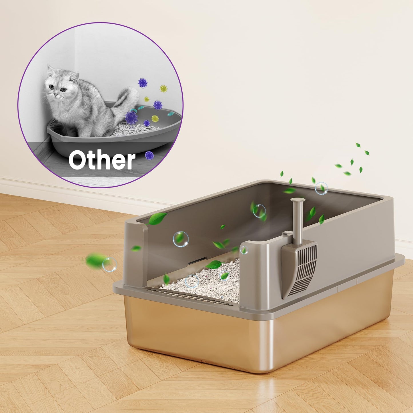 Arenero de Acero Inoxidable TIUUBT XXL Extragrande con Tapa Alta para Gatos Grandes y Hogares con Varios Gatos