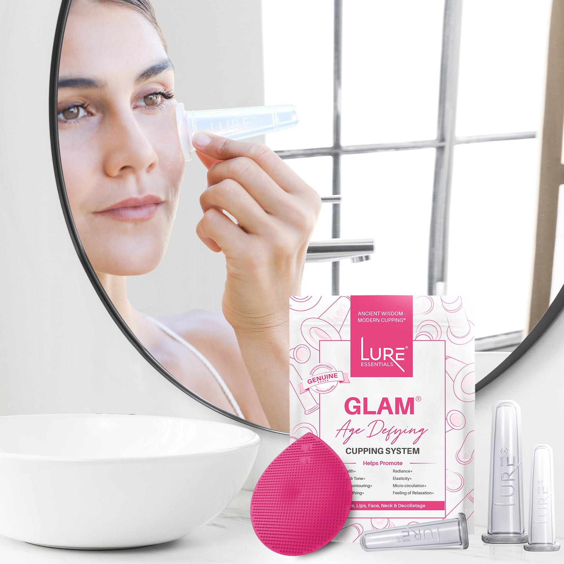 LURE Home Spa Glam Face and Eye Cupping Massage Set with Free Cleansing Brush for Instantly Ageless Look Natural Anti Aging Solution Reduces Fine Lines & Deep Wrinkles, Improves Collagen