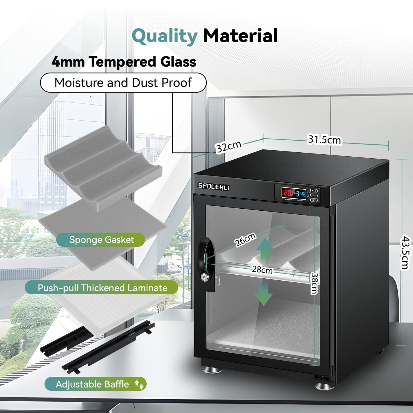 Cámara de gabinete seco con control digital, deshumidificador electrónico de 35 l, caja seca con luces LED, silenciosa y ahorro de energía para lente de cámara y almacenamiento de equipos electrónicos