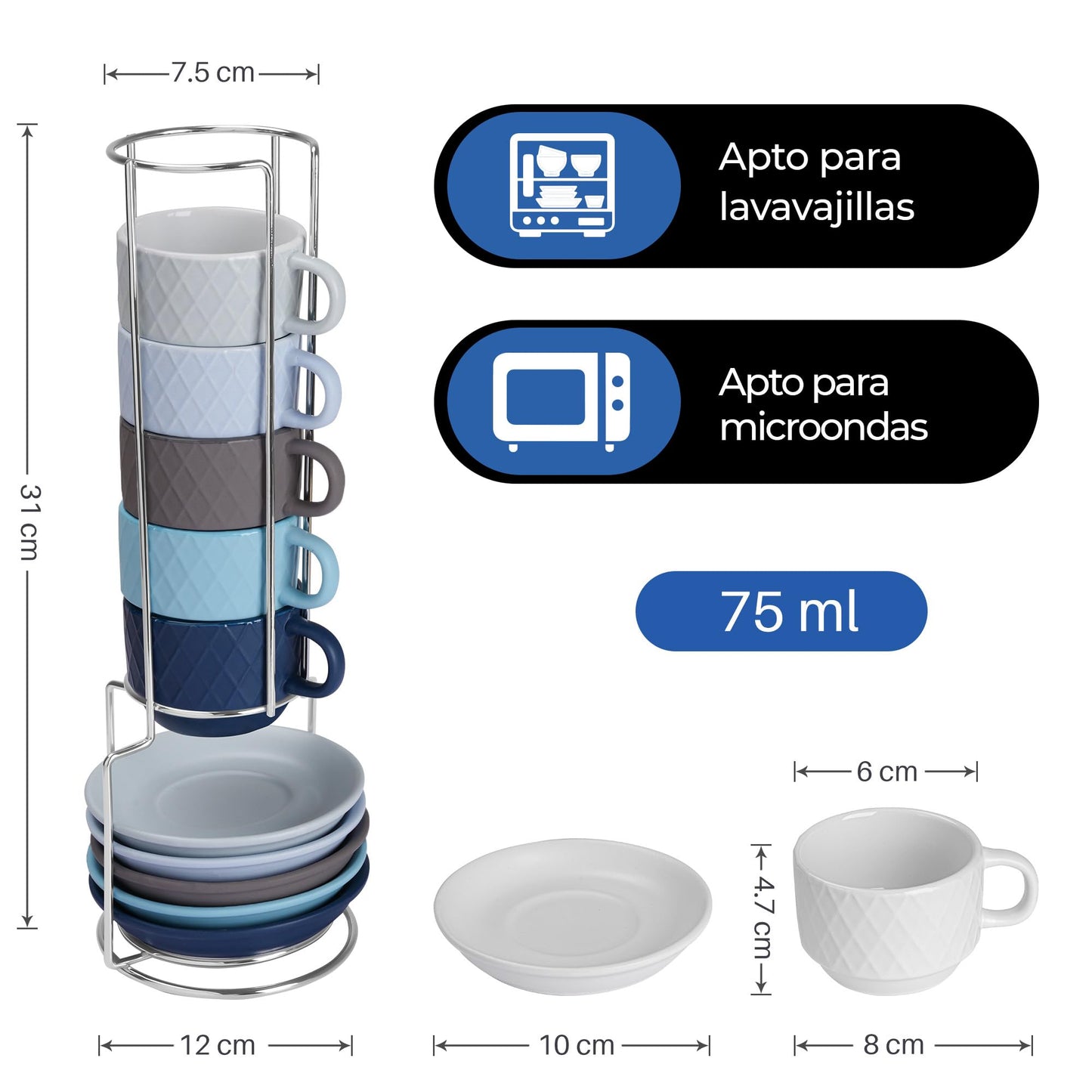 Juego Moderno de Tazas de Café Expreso MIAMIO Azul Océano con Soporte y Platillos