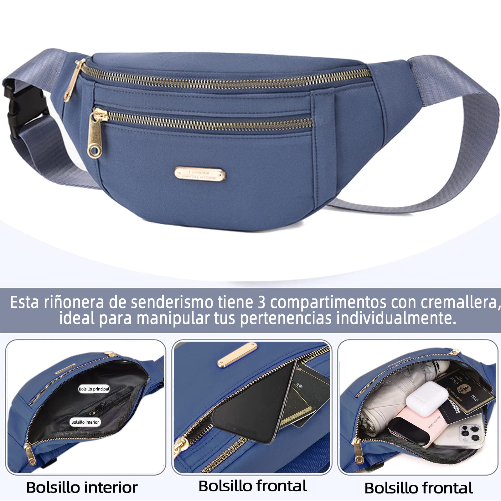 Cangurera PKDEF Negra Deportiva con Cinturón Impermeable Ajustable para Mujer
