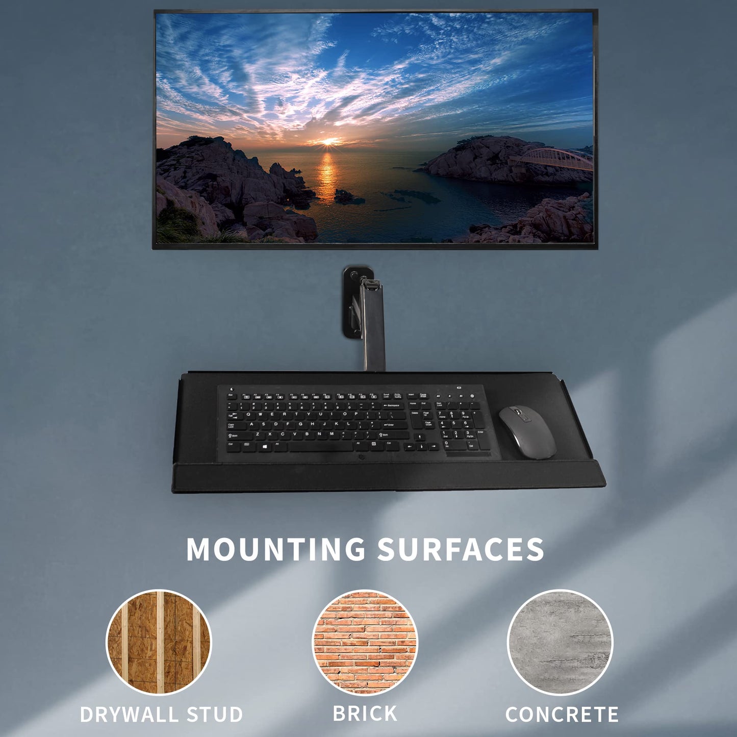 Soporte de Pared VIVO Negro con Bandeja de Teclado y Brazo Neumático para Monitor de 17 a 32 Pulgadas