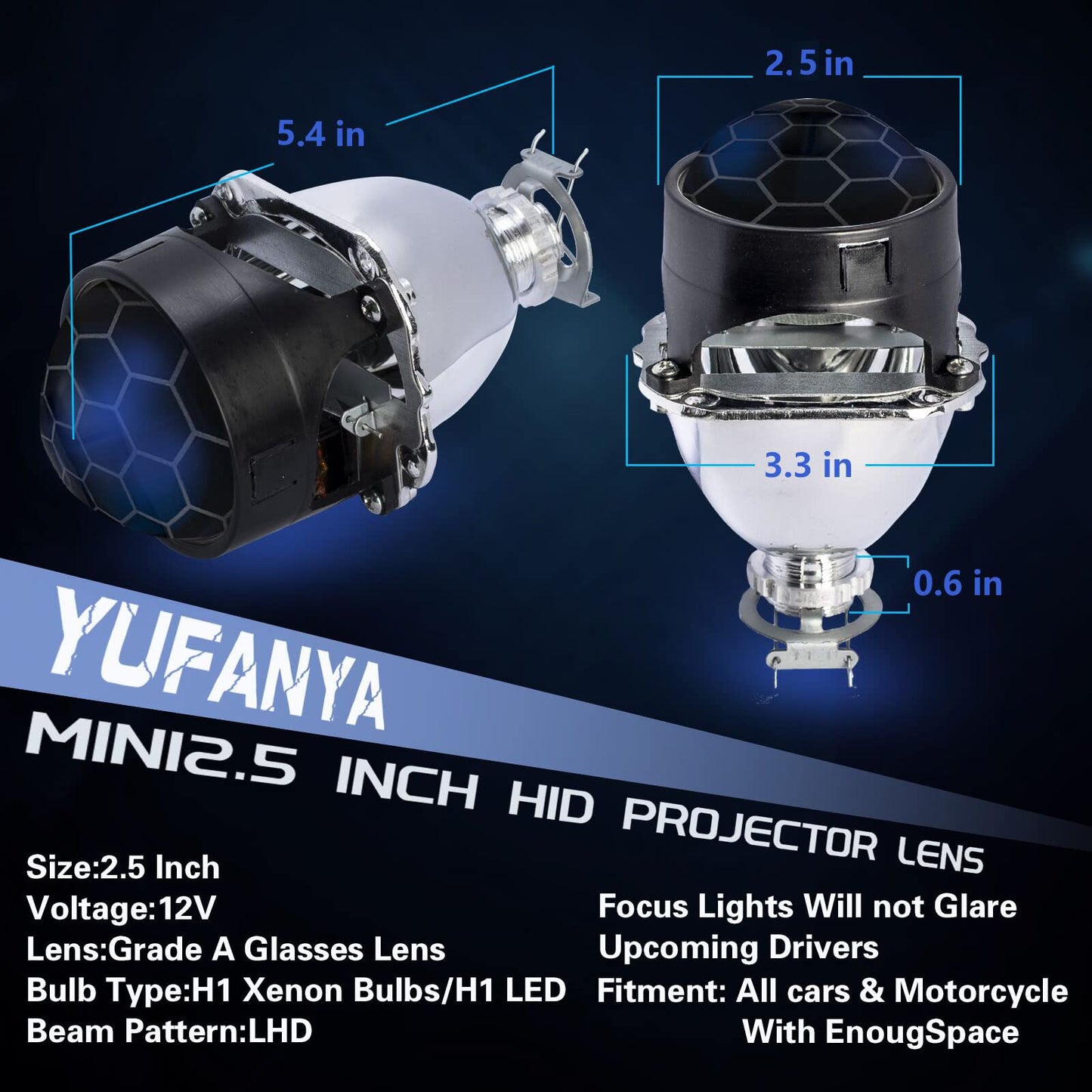 YUFANYA - Lente de proyector de bixenón de abeja de 2.5 pulgadas, lente de proyector LHD con cubiertas blancas y rojas, decoración mini H1 de repuesto para H1 H4 H7 de coche