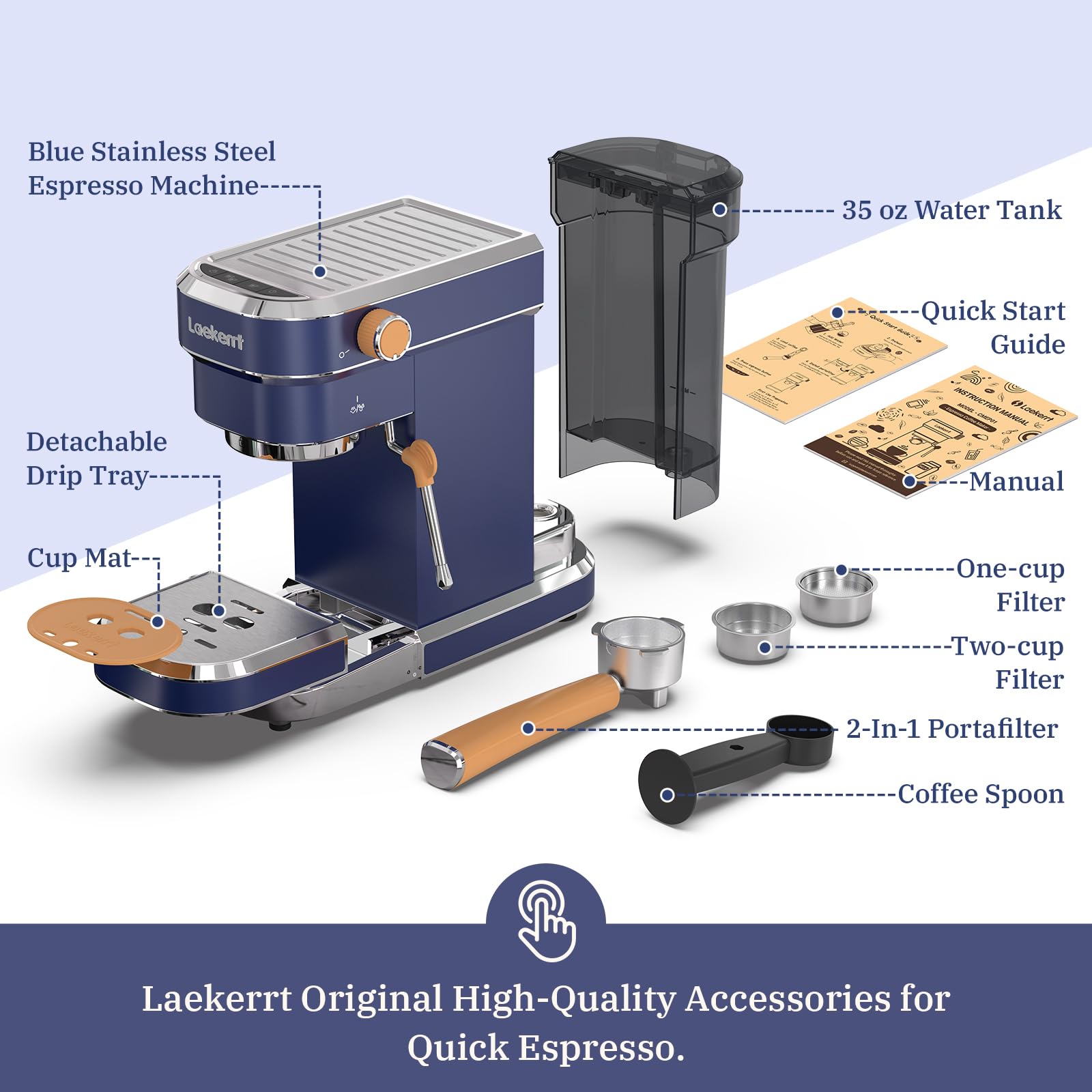 Laekerrt CMEP01 - Cafetera espresso con vaporizador de leche, máquina de café Home Expresso para capuchino y latte (azul marino, acero inoxidable), regalo para los amantes del café, padre