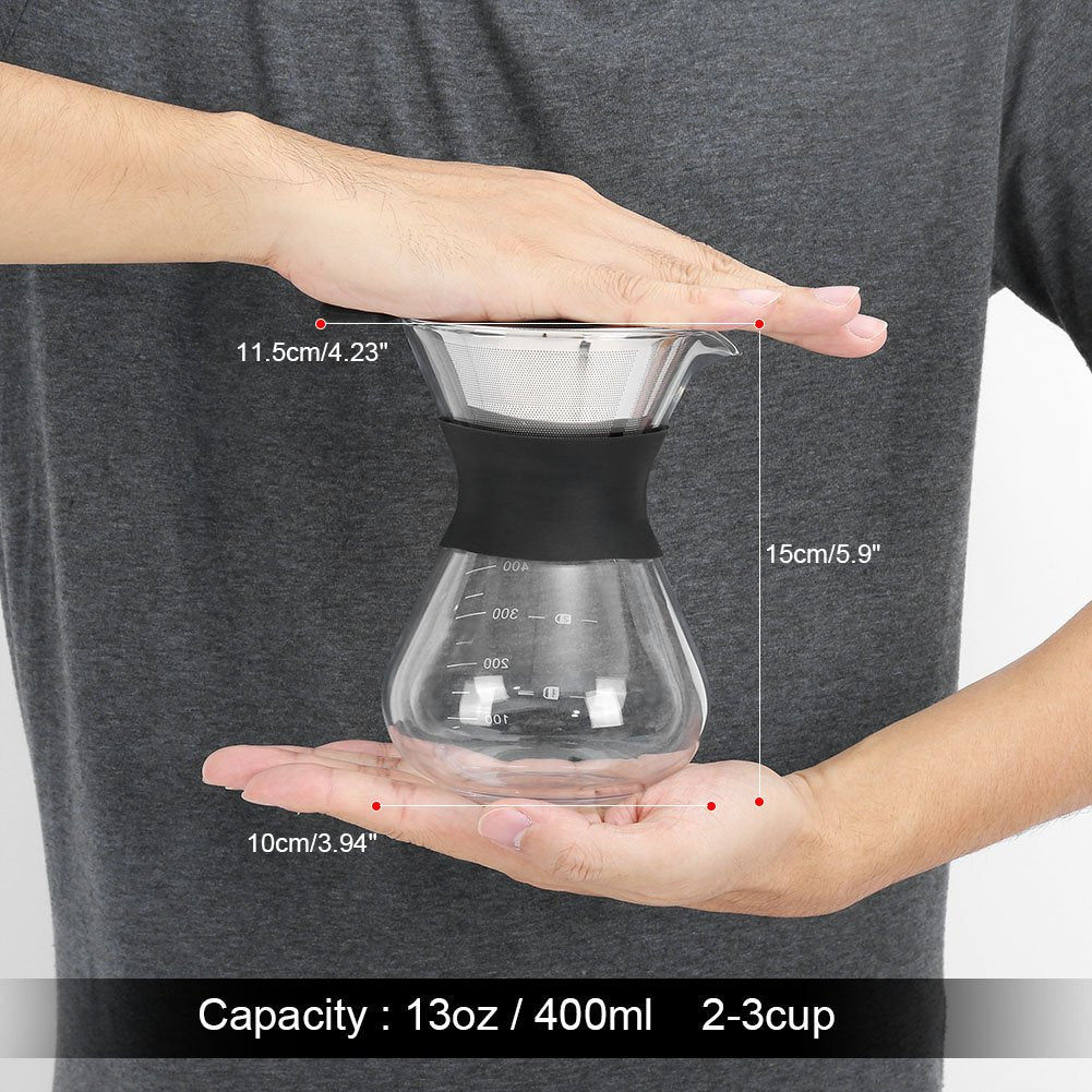 Cafetera, cafetera de Vidrio con Filtro Permanente de Acero Inoxidable.Cafetera Manual Dripper 400ml