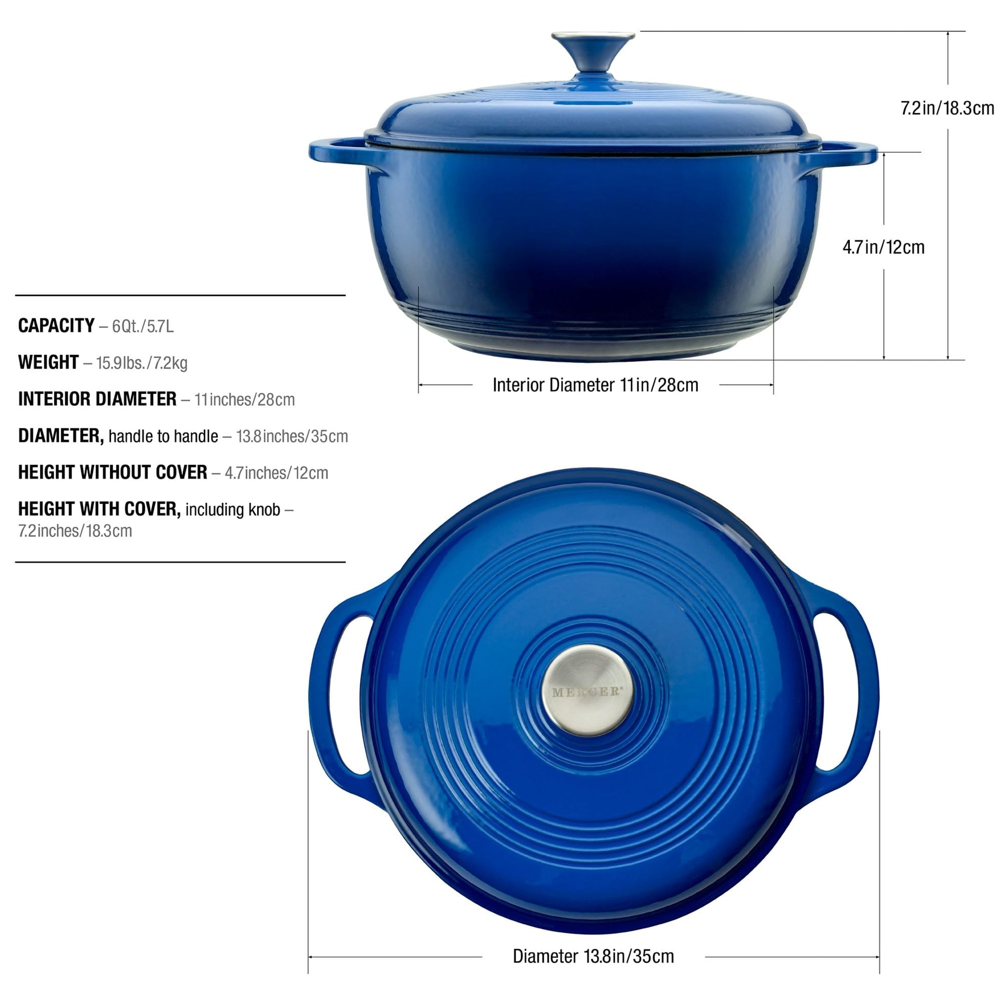 Mercer Culinary Horno holandés redondo de hierro fundido esmaltado, 6 cuartos de galón, azul marino