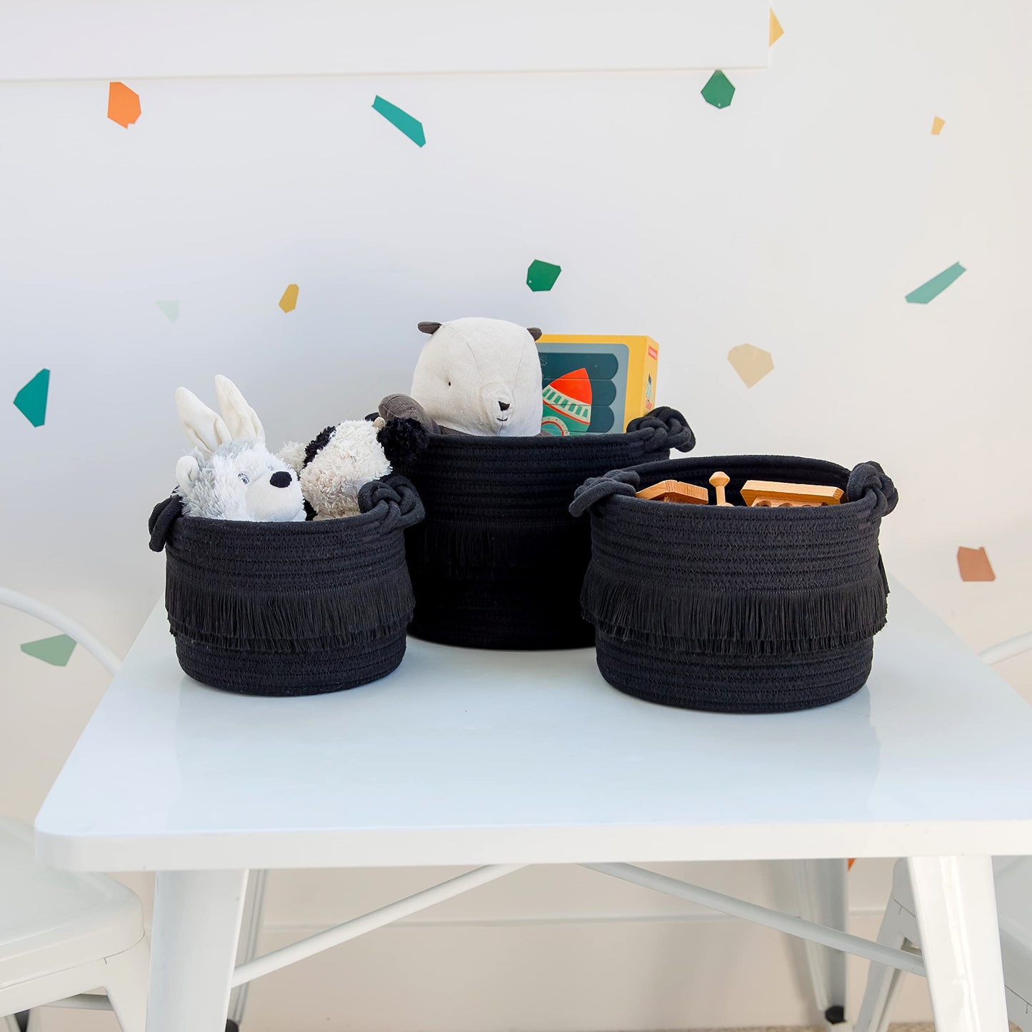 NaturalCozy Juego de 3 cestas decorativas de almacenamiento – Cestas tejidas pequeñas de cuerda de algodón negro para organizar para guardería, artículos para bebé, regalo, tocador, Montessori, cubo
