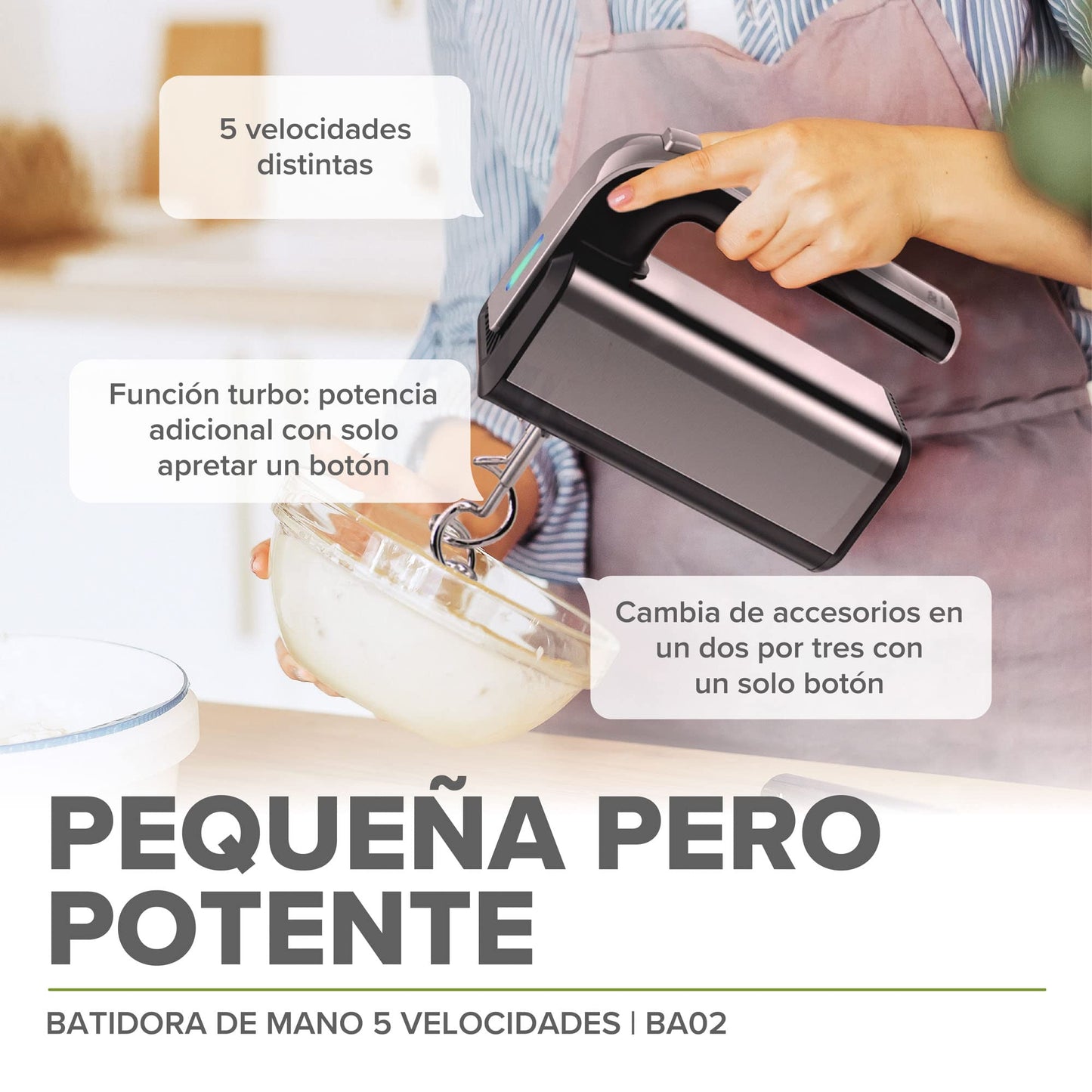AVERA Batidora de Mano de 5 Velocidades (Incluye 2 Batidores, 2 Ganchos para Amasar y Base) | Batidora, Batidoras, Batidor, Batidor Electrico de Mano | Acero Inoxidable, BA02
