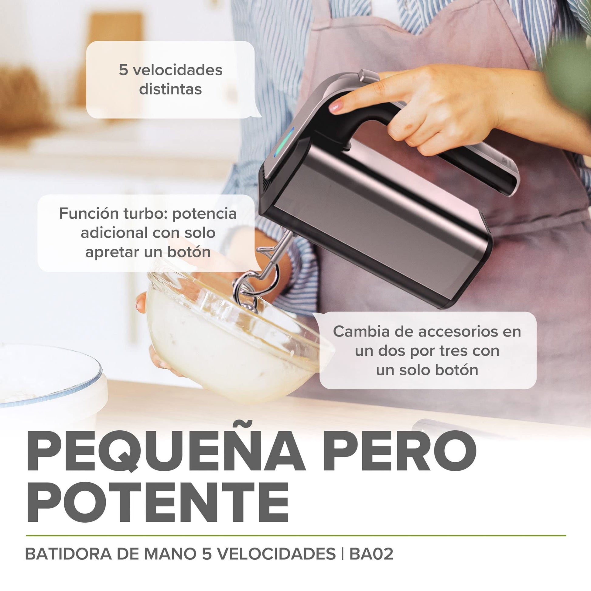 AVERA Batidora de Mano de 5 Velocidades (Incluye 2 Batidores, 2 Ganchos para Amasar y Base) | Batidora, Batidoras, Batidor, Batidor Electrico de Mano | Acero Inoxidable, BA02