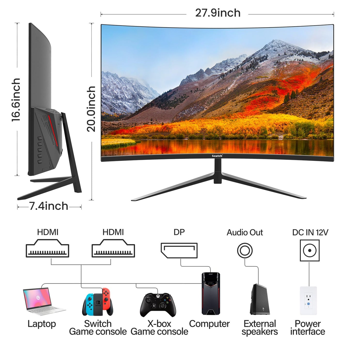 Gawfolk Monitor de Computadora Curvo de 32 Pulgadas QHD (2560 x 1440) 2K 1500R 75HZ VA Para Hogar, Oficina y Dormitorio