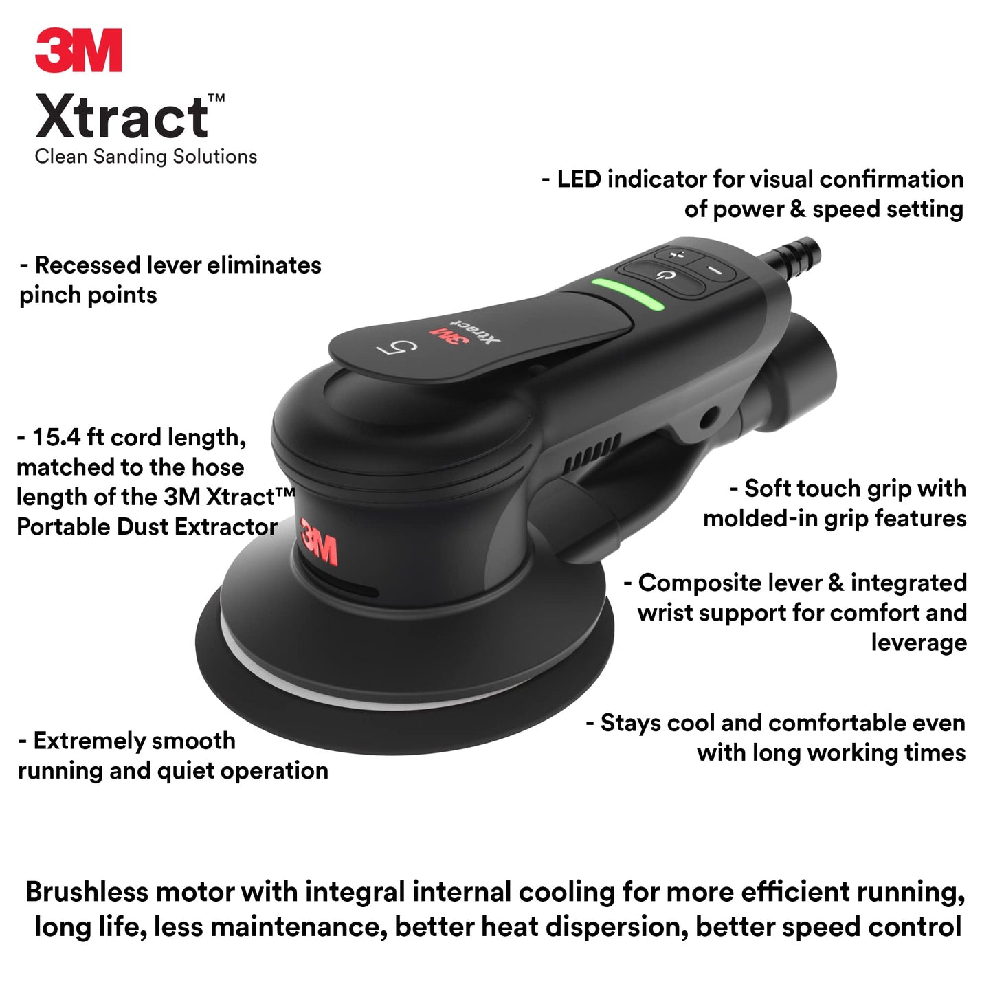 3M Xtract Lijadora orbital aleatoria eléctrica, ergonómica y ligera, ROS, 88762, 5 pulgadas, aspiradora central, órbita de 3/32 pulgadas, motor de 110 V, 350 W, fabricación de metal, carpintería,