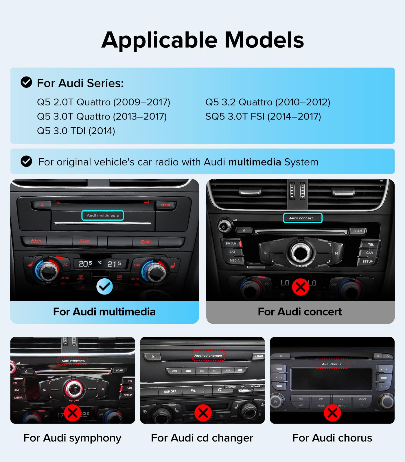 visualización táctil inalámbrica CarPlay de 10.25 pulgadas para Audi Q5 SQ5 2009-2017 reproductor de CD con sistema multimedia (3GMMI), compatible con doble sistema operativo (OEM+Linux) AHD cámara