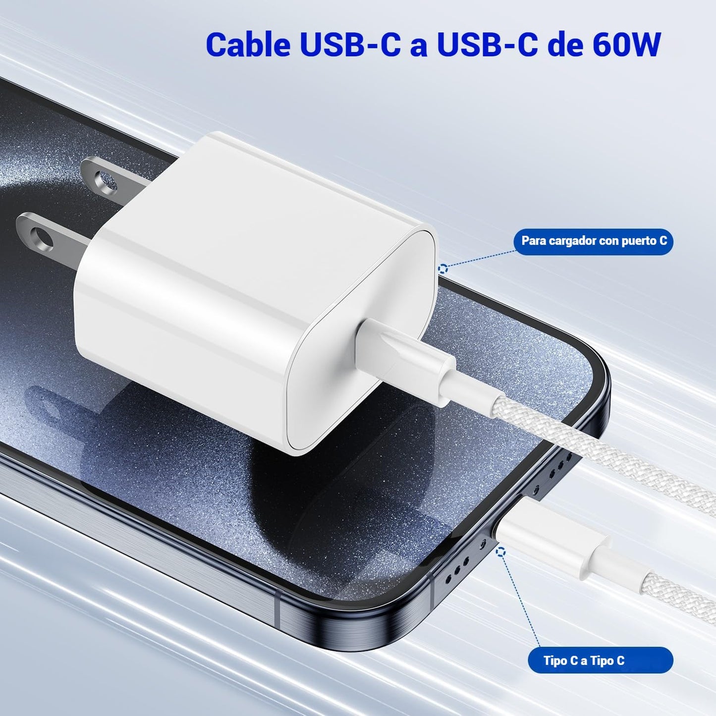 Cable USB C para Carga Rápida 2M: Para iPhone 16 15 Serie, 60W Tipo C a USB-C, Adaptador 20V 3A, Compatible con Samsung Galaxy, MacBook Pro, iPad Pro, Google Pixel