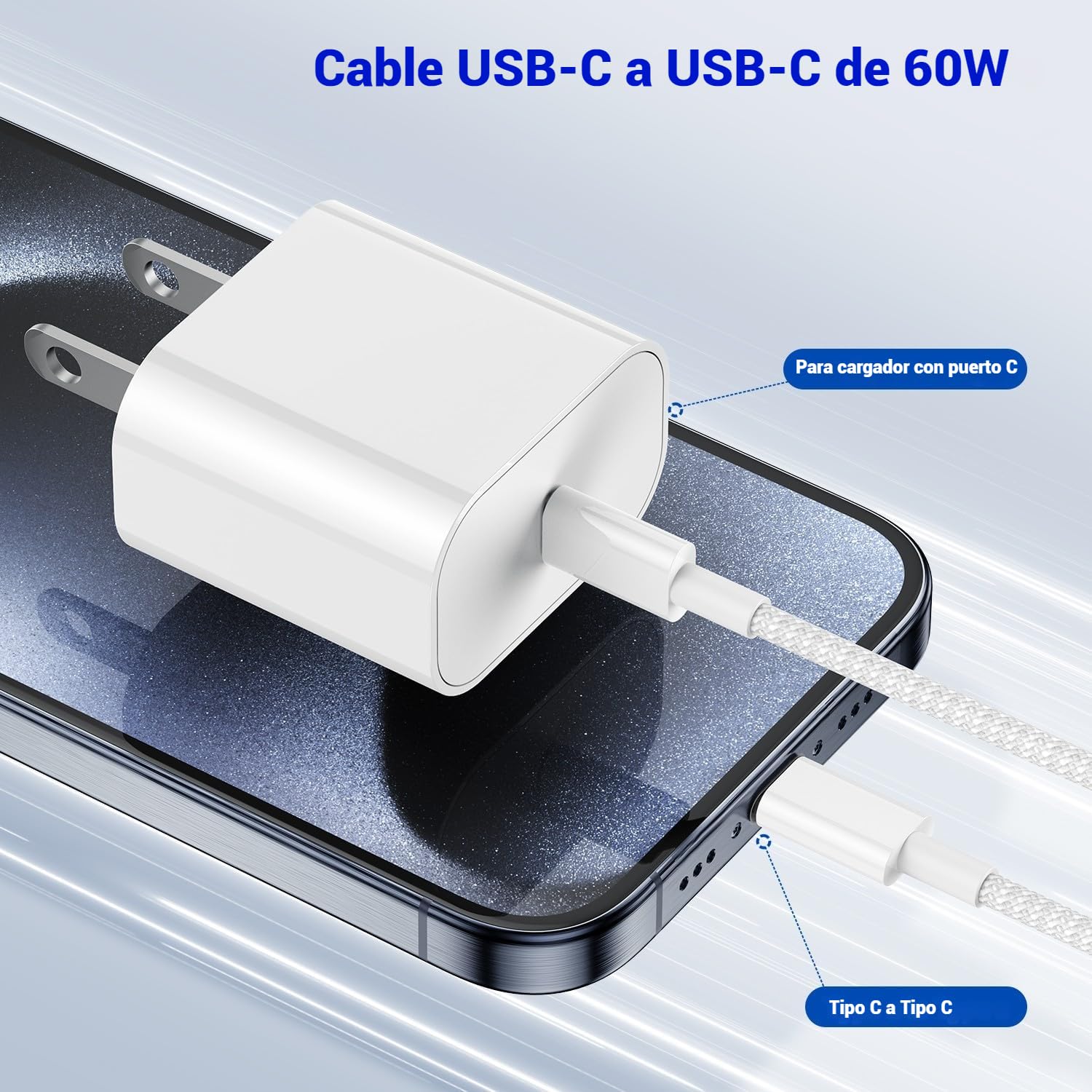 Cable USB C para Carga Rápida 2M: Para iPhone 16 15 Serie, 60W Tipo C a USB-C, Adaptador 20V 3A, Compatible con Samsung Galaxy, MacBook Pro, iPad Pro, Google Pixel
