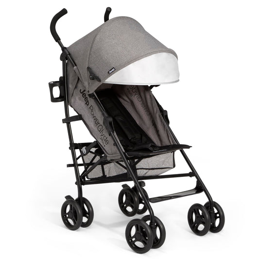 Jeep PowerGlyde Plus - carriola de viaje ligero para niños, con marco de aluminio, reclinación de 4 posiciones, cesta de almacenamiento extragrande, gris