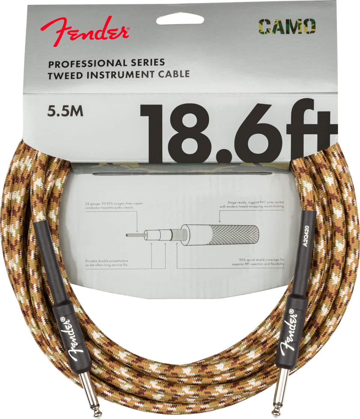 Fender Cable De Instrumento Profesional De Tweed De 18.6 Pies, Recto-Recto, Camuflaje Del Desierto - 1 Paquete