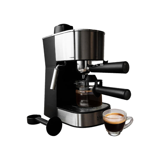 BOGNER- Cafetera espresso capuccino de 4 tazas para café molido BCM35 fabricada en acero inoxidable. Capacidad de tanque 470ml. Diseño moderno con frente ovalada