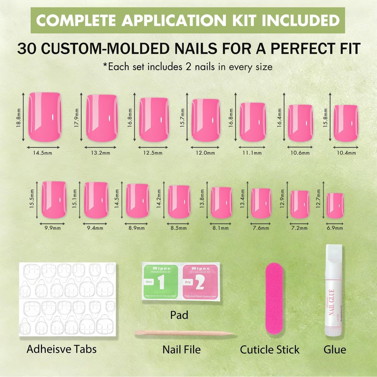 SXVME Uñas postizas cortas cuadradas de gel suave, 30 piezas, 15 tamaños, rosa fucsia, uñas postizas cortas, reutilizables, gruesas, con pegamento, vibrantes.