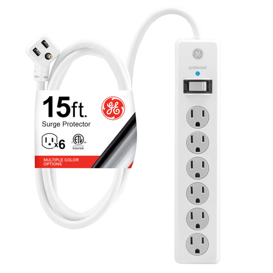 GE Tira Multicontactos De 6 Salidas con Supresor De Picos Y Enchufe Plano, Cable De Extensión De 4.5 Metros (15 Pies), 800 Julios, Cubiertas De Seguridad con Giro para Cerrar, Blanco, 1 Unidad, 50768