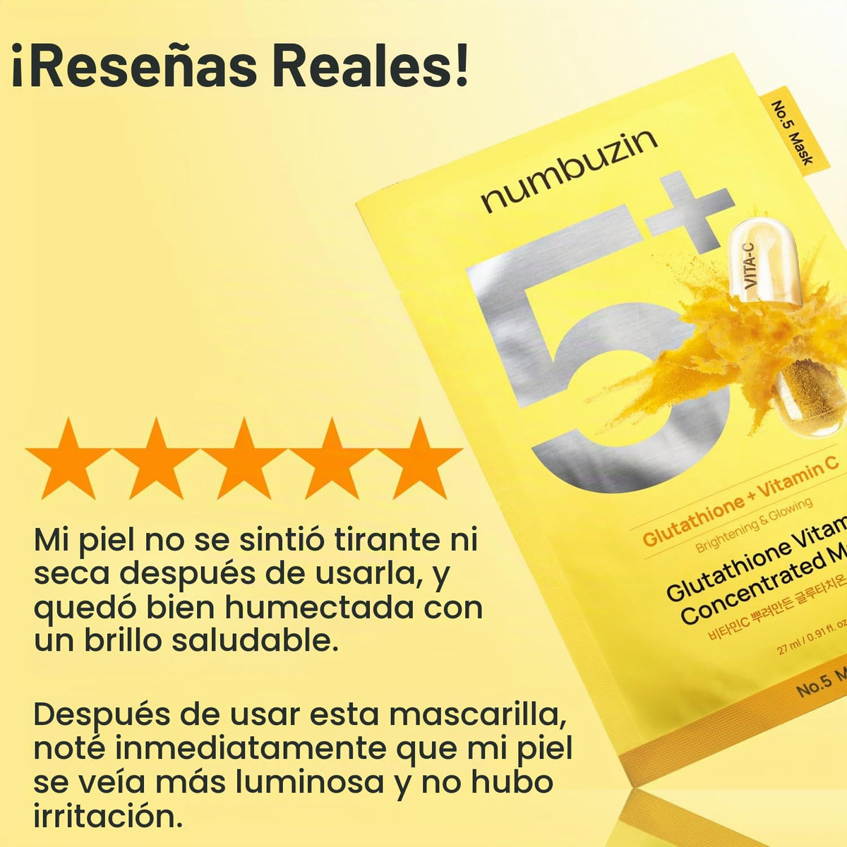 numbuzin Máscara de hoja No.5 | Máscara de lámina de foco de vitamina | Glutatión y vitamina C | Reduce la hiperpigmentación, mejora la tez de la piel | Suave y no irritante | 5 hojas
